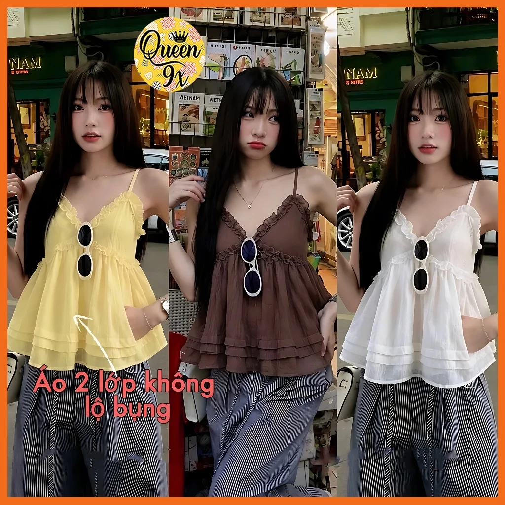 Áo 2 dây, áo kiểu babydoll hoa nhí bèo nhún mẫu mới hàn quốc cho nữ freesize từ 30-53kg