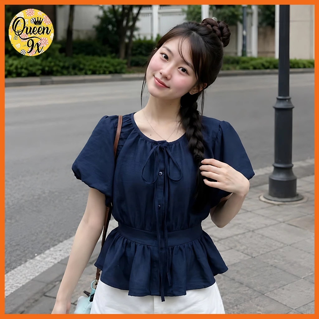 Áo babydoll cộc tay cổ tròn tay bồng chun lưng dây cổ buộc nơ mặc basic siêu xinh 37-53kg