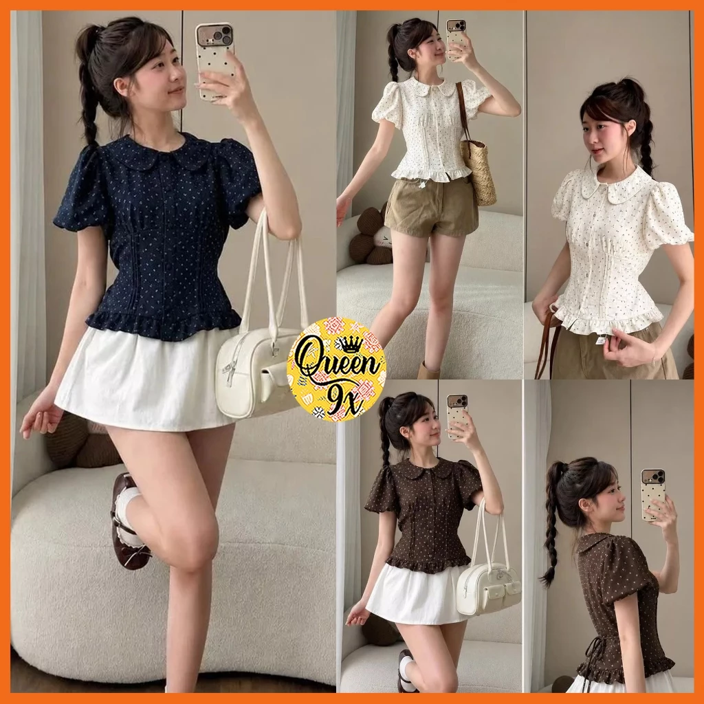 Áo babydoll cộc tay cổ sen tay bồng chun lưng dây hoa nhí mặc basic dễ thương 37-53kg