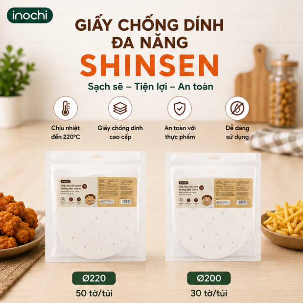 Giấy Lót Nồi Chiên Không Dầu Shinsen - Inochi Loại Tròn, Giấy Chống Dính Chịu Nhiệt 220°C