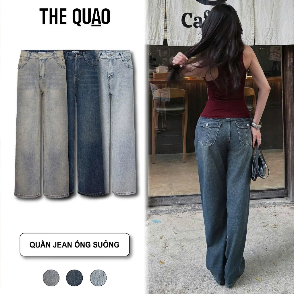 THE QUẠO - Quần Jean Nữ  Lưng Cao Ống Suông Phối Túi Nắp (3 màu - 3 chiều dài) S1607_735