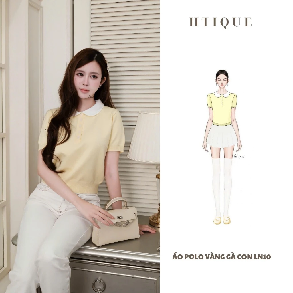 HTIQUE - DEAL mở bán Áo Polo Len Dệt Kim Nữ Cổ Bẻ Tròn Tay Ngắn, Áo Dệt Kim Vàng Gà Con Basic LN10