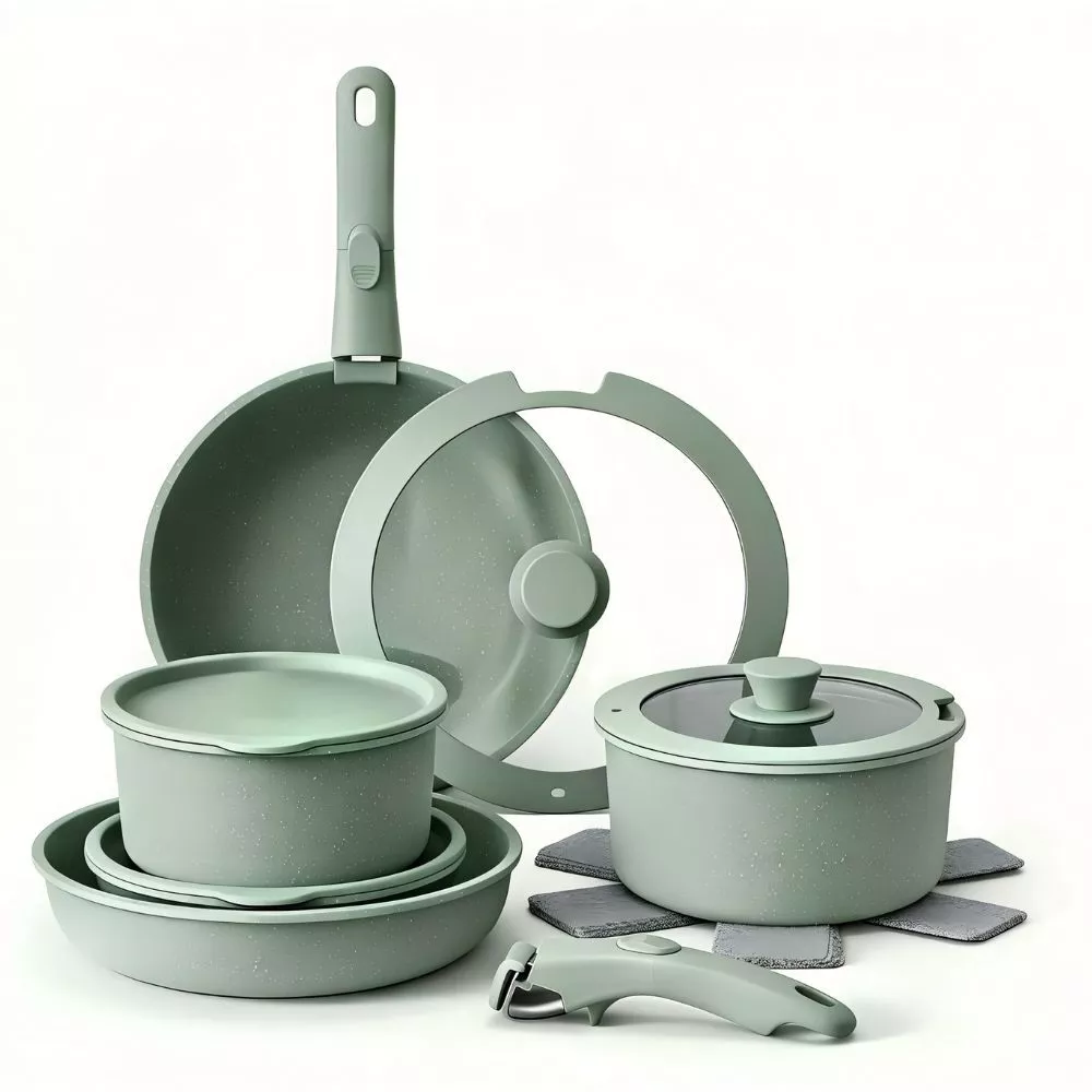 Bộ Nồi Chảo Đá Gốm Chống Dính Mishio 15 Món (5 Nồi Chảo) - Tay Cầm Tháo Rời