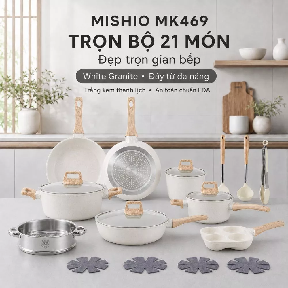 Bộ Nồi Chảo Chống Dính 21 Món Mishio – Thanh Lịch, An Toàn Chuẩn FDA