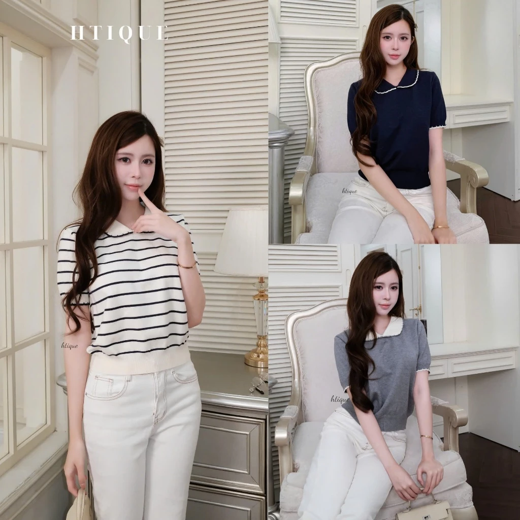(BACK TO SCHOOL) HTIQUE mở bán Áo Dệt Kim Nữ Cổ Polo Tay Ngắn Thanh Lịch, Áo Len Mỏng Co Giãn Thời Trang Dễ Phối Đồ LN16