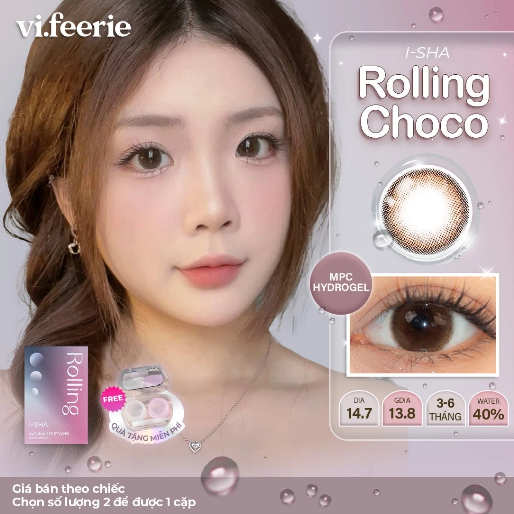 (I-SHA) Kính áp tròng (lens) nâu tự nhiên trong trẻo áp tròng 6 tháng ROLLING CHOCO Lens -  Vi Feerie Lens
