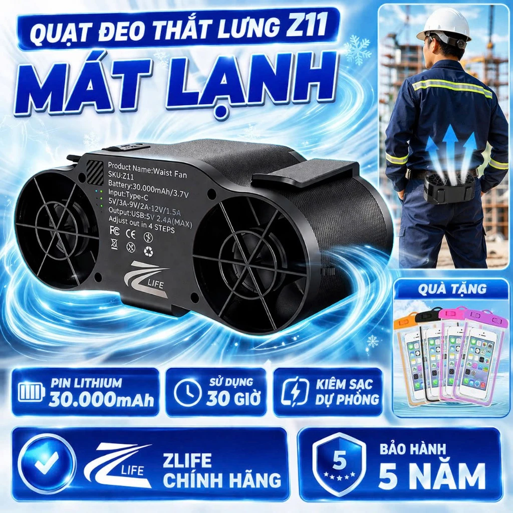 Quạt Đeo Thắt Lưng Zlife Z11 Pin 30000 mAh, Quạt Điều Hòa Đeo Hông, Đeo Cổ 2 Luồng Làm Mát Cực Nhanh