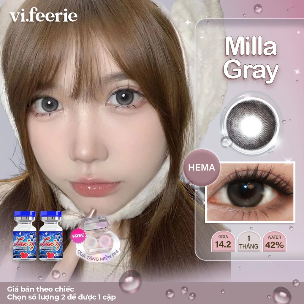 Kính áp tròng (lens) filter đen xám khói giãn tròng 14.5mm 1 tháng MILLA GRAY đủ độ cận-  Vi Feerie Lens
