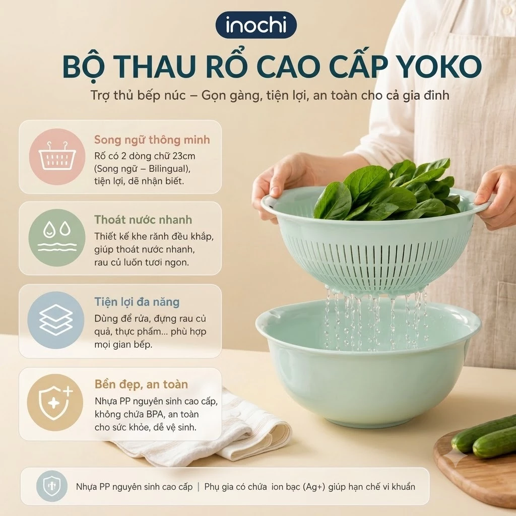 Bộ thau rổ cao cấp Inochi (tiêu chuẩn Nhật Bản) Chính hãng inochi Chất liệu nhựa siêu bền.