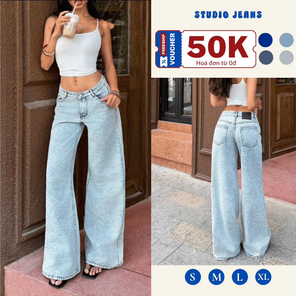 [VOUCHER 100K 8/8] Quần Jeans Nữ Cạp Trễ Ống Rộng Dáng Suông Basic Chất Liệu Jeans Cao Cấp - Đi Học Đi Làm, Đi Chơi