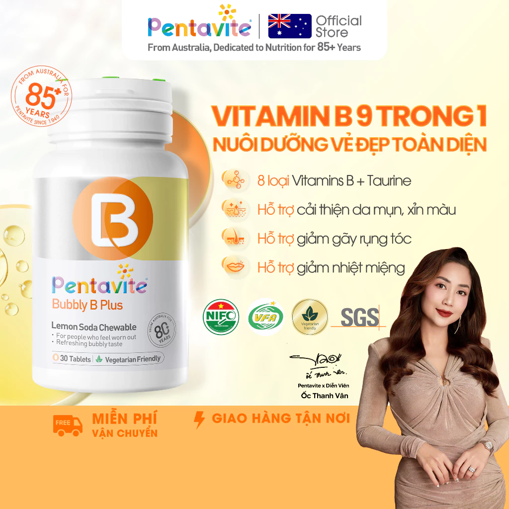 Pentavite Bubbly B Plus 30v - Hỗ trợ giảm mệt, da sáng, tóc khỏe - Vitamin B Complex【Livestreaml】