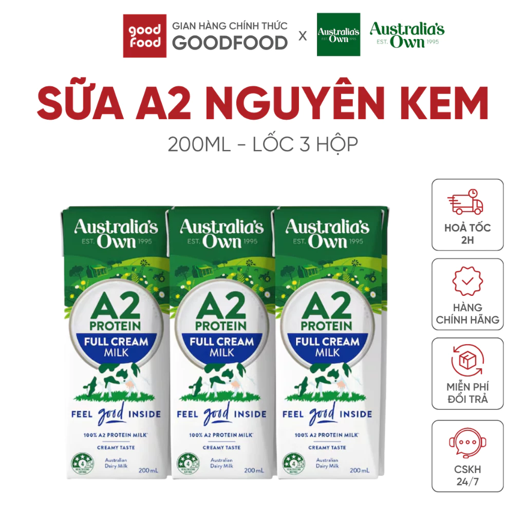 Sữa A2 Australia's Own nguyên kem A2 Protein, sữa A2 tiệt trùng 200ml - Lốc 3 hộp