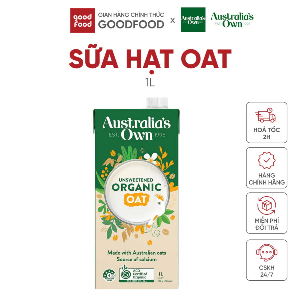 Sữa hạt Organic Australia's Own yến mạch hữu cơ không đường, thức uống yến mạch giàu Canxi 1L