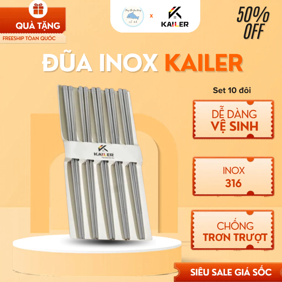 Hộp 10 Đũa Ăn Cơm Inox 316 - Đũa Inox Chống Trượt Kailer Cao Cấp Chống Mốc, Chống Trơn Trượt - Tổng Kho Gia Dụng Lê Hà