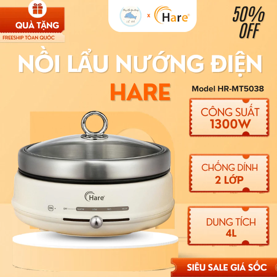 Nồi Lẩu Nướng Điện Hare HR-MT5038 Dung Tích 4L, Công Suất 1300W Mạnh Mẽ Chống Dính Cao Cấp - Tổng Kho Gia Dung Lê Hà