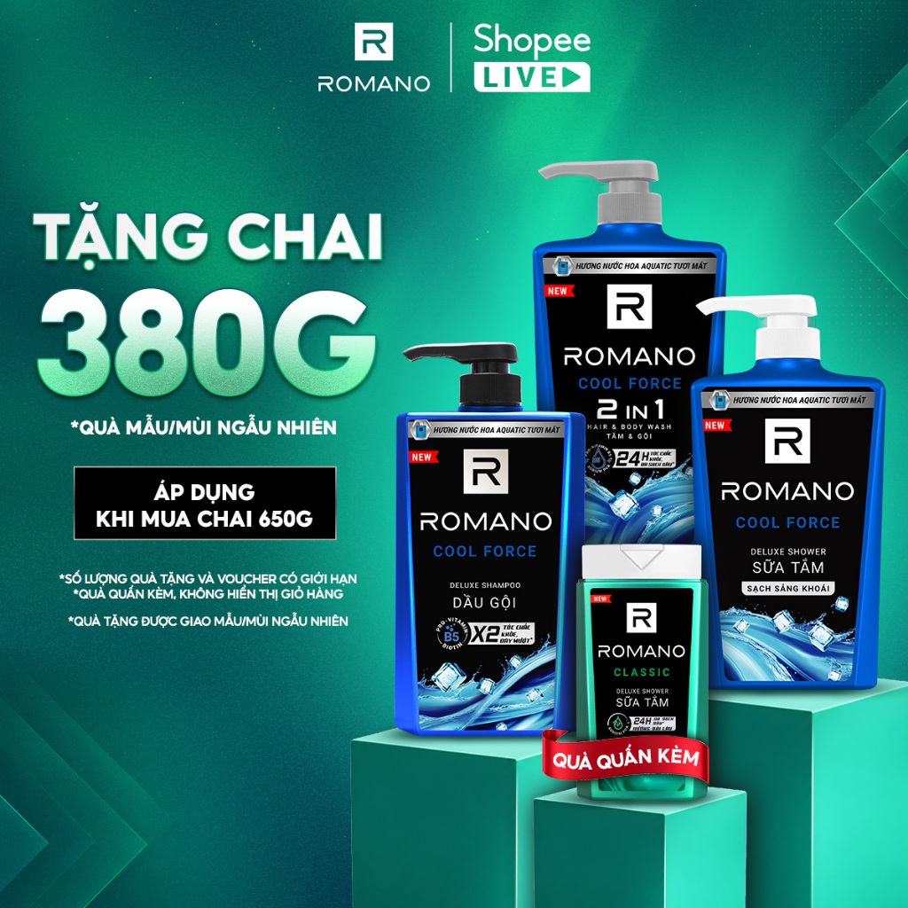 Tắm gội 2in1/ Sữa tắm/ Dầu gội Romano hương Nước hoa Cool Force 650g/chai…