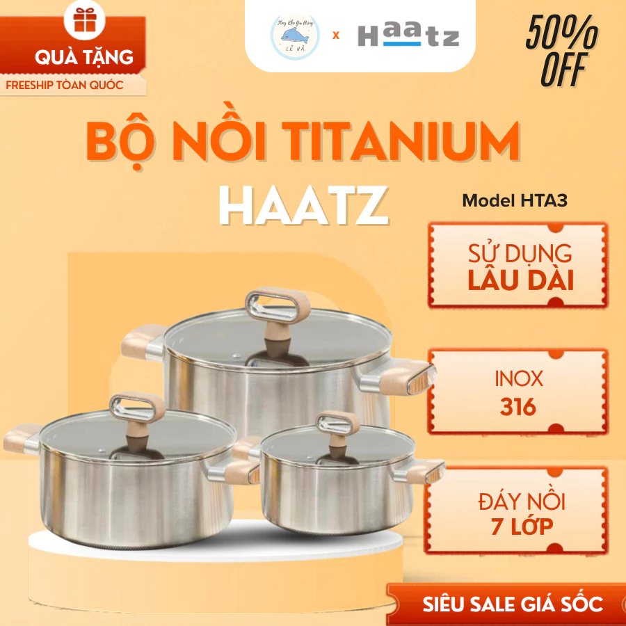 Bộ Nồi Titanium Haatz Set 3 Nồi Thành Dày Giữ Nhiệt Tốt, Chống Dính Bền Bỉ, Dùng Mọi Loại Bếp - Tổng Kho Gia Dụng Lê Hà