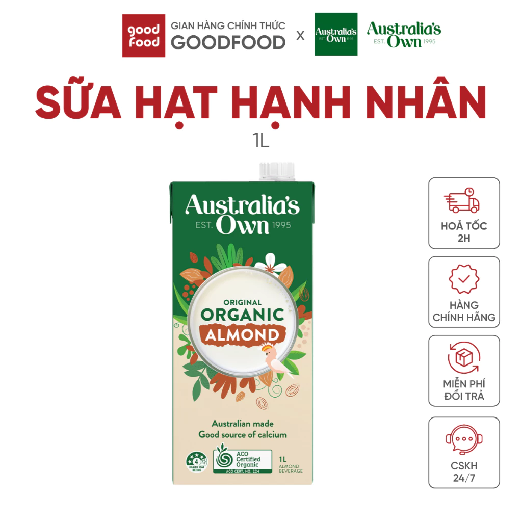 Sữa hạt Organic Australia's Own hạnh nhân hữu cơ không đường, sữa hạnh nhân giàu Canxi 1L