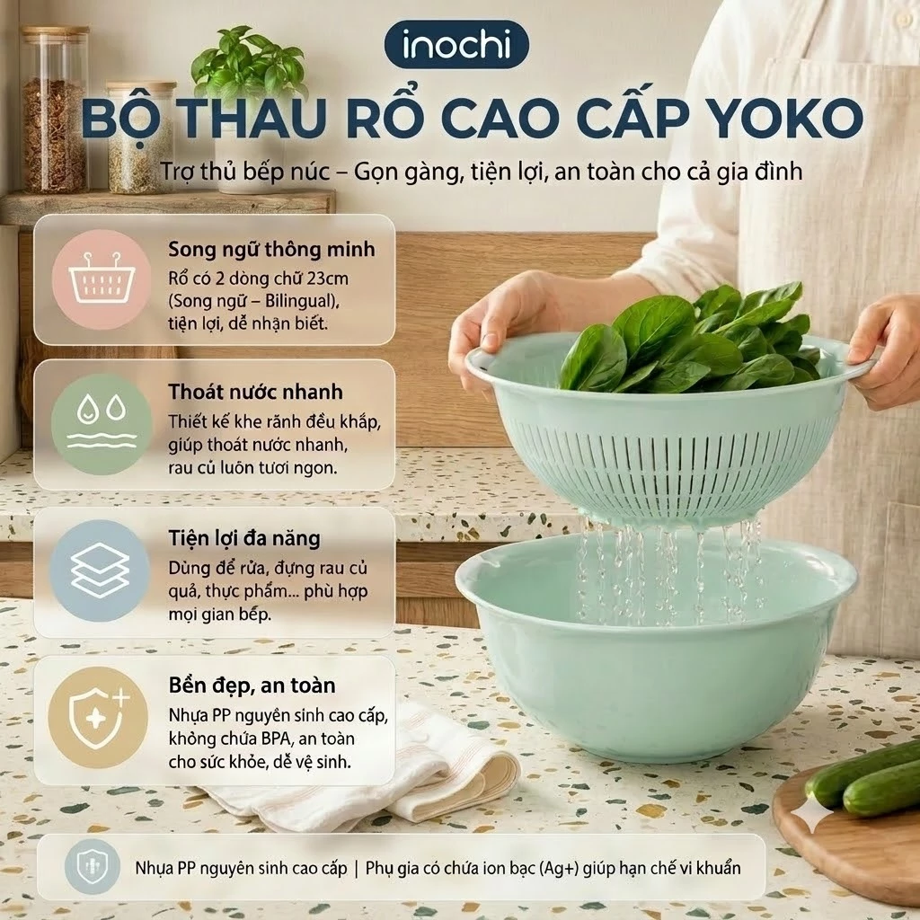 Bộ thau rổ cao cấp Inochi Dùng để đựng hoặc rửa rau củ quả, thực phẩm…. (tiêu chuẩn Nhật Bản)