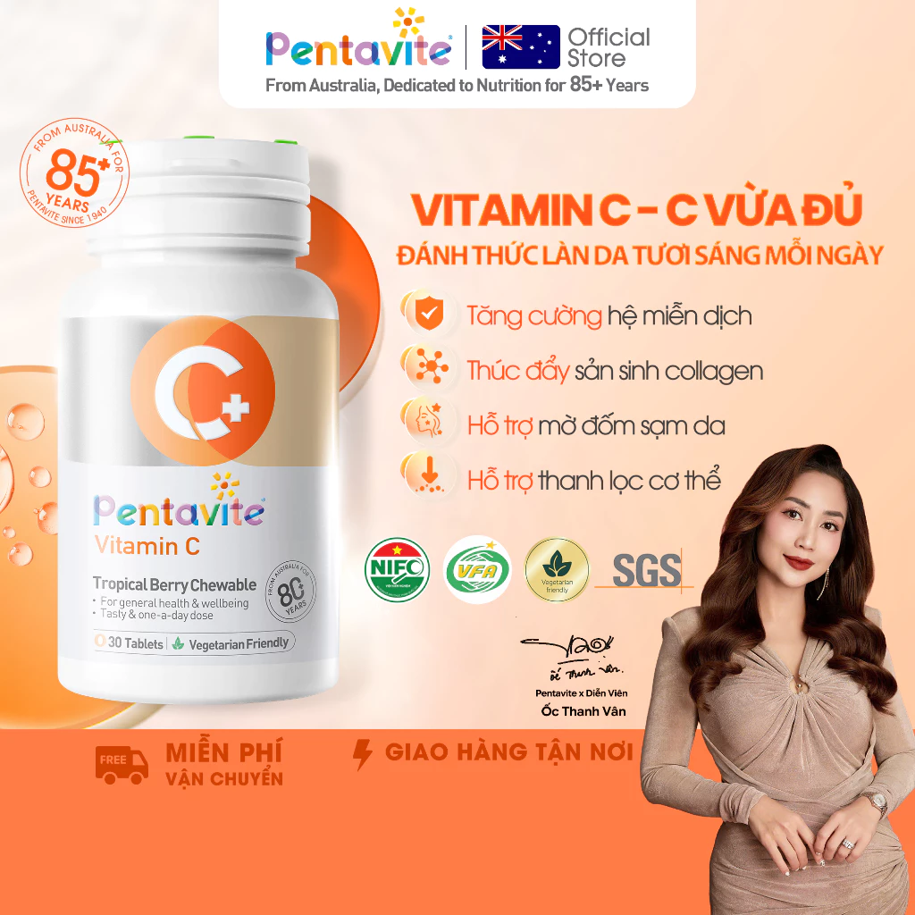 Pentavite Vitamin C (30 viên) Vị trái cây nhiệt đới, bổ sung Vitamin C tăng cường miễn dịch cải thiện độ sáng da