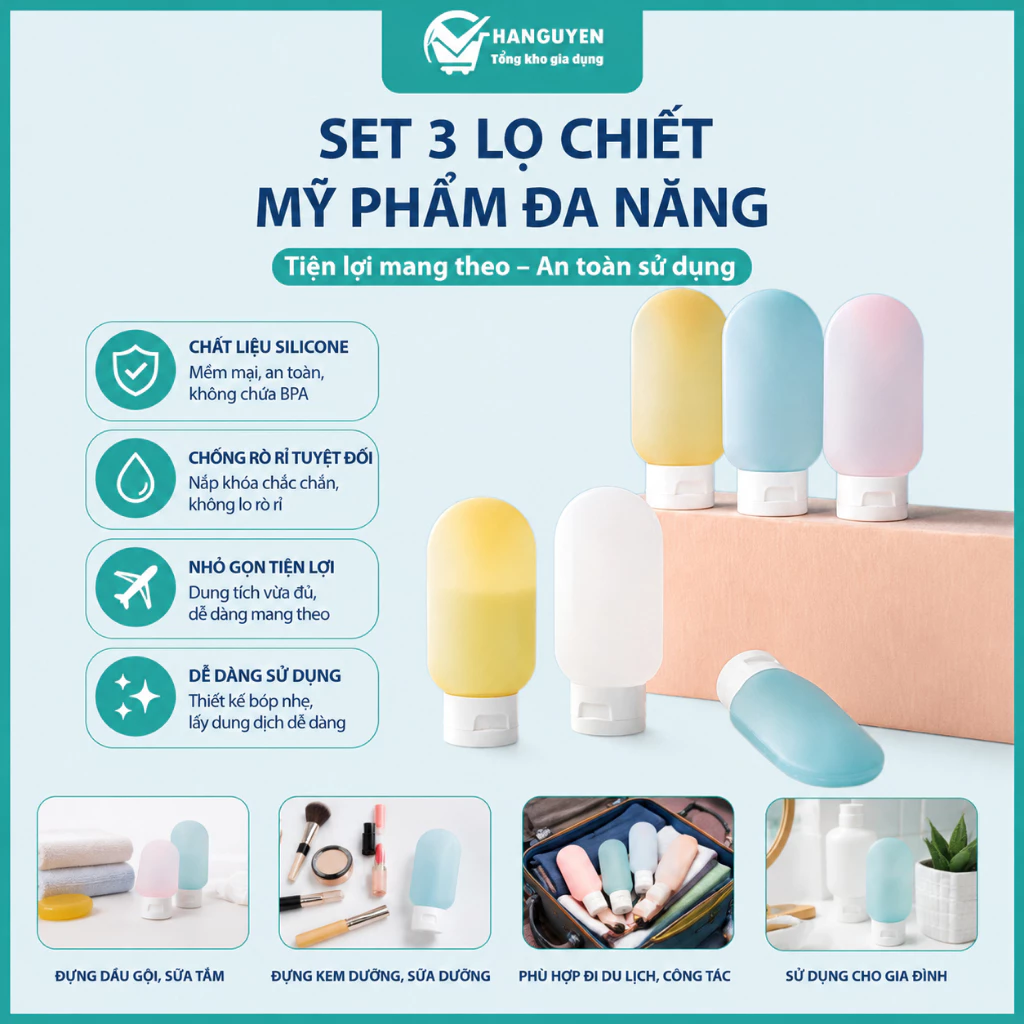 Set 3 lọ chiết mỹ phẩm đa năng, đựng dầu gội, sữa tắm, kem dưỡng tiện mang đi du lịch