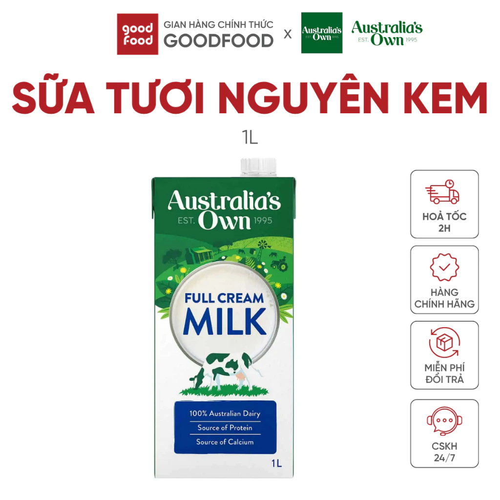 Sữa tươi Australia's Own nguyên kem Full Cream, sữa tươi nguyên kem tiệt trùng 1L