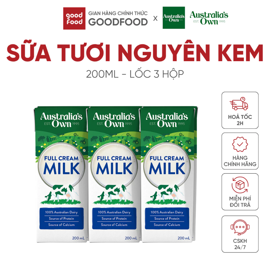 Sữa tươi Australia's Own nguyên kem Full Cream, sữa tươi nguyên kem tiệt trùng 200ml - Lốc 3 hộp