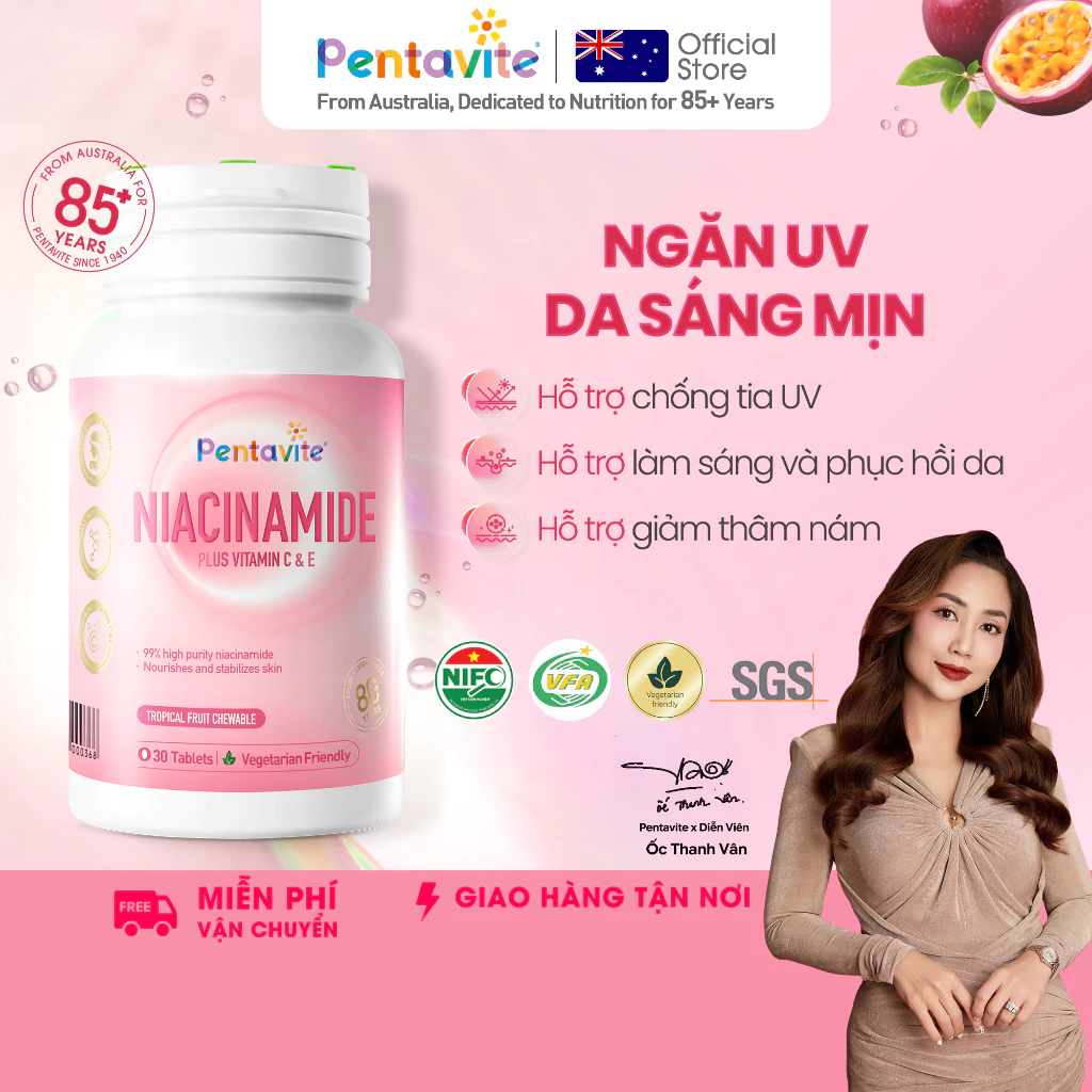 Vitamin Pentavite Niacinamide Plus Vitamin C&E viên nhai trái cây, sáng da, chống nắng, mờ thâm, đều màu da