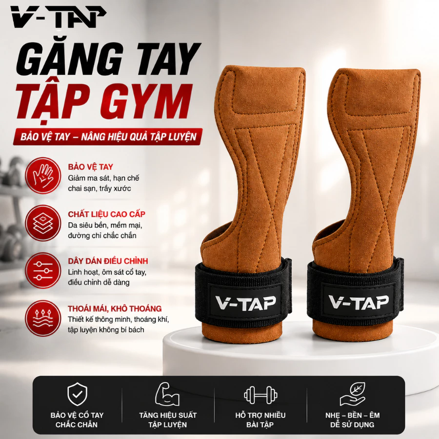 Găng Tay Tập Gym V-TAP Bảo Vệ Tay Tránh Bị Chai Tay, Chất Liệu Da Bền Bỉ Đệm Dày 3mm (1 Đôi)