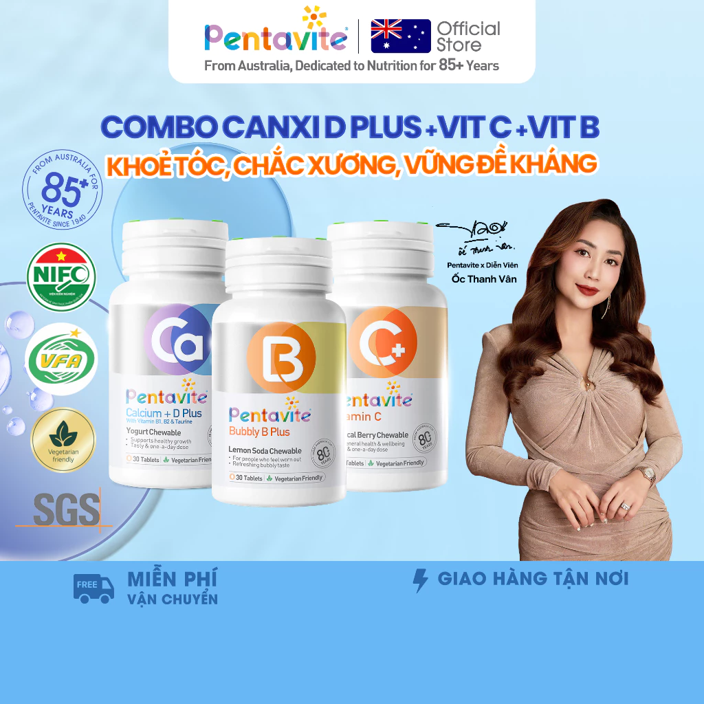 Pentavite Bộ 3 Chai Vitamin（Bubbly B+ C+Canxi D Plus）Viên Nhai Bổ Sung Vitamin B，C，D Canxi，Hỗ Trợ Thần Kinh & Miễn Dịch