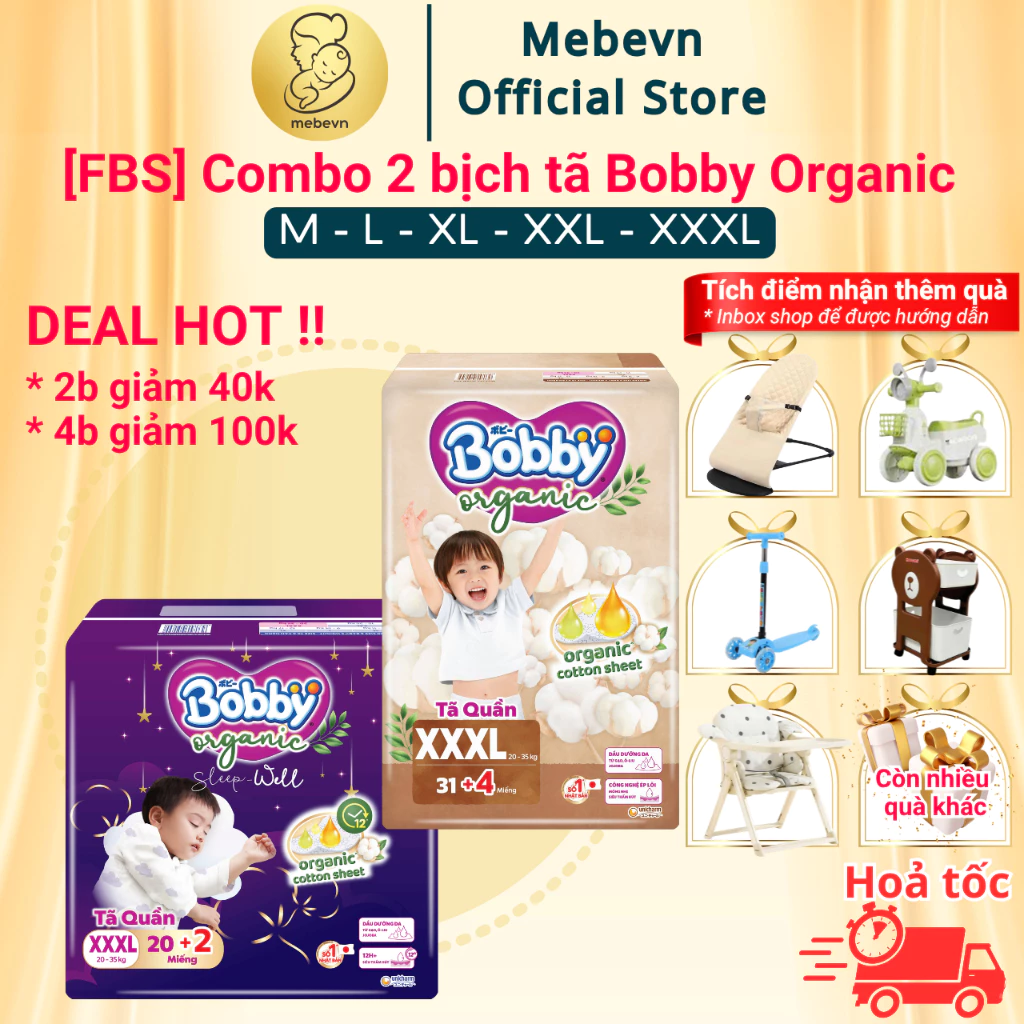 [FBS] Combo 2 bịch tã quần Bobby Organic cao cấp, bỉm bobby chính hãng, siêu an toàn thấm hút cho bé
