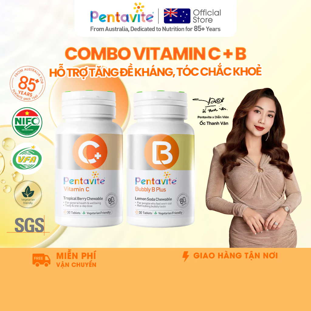 Pentavite Bộ 2 chai  (Bubbly B + Vitamin C) 60 viên nhai, bổ sung Vitamin B Complex và Vitamin C, hương vị kẹo que