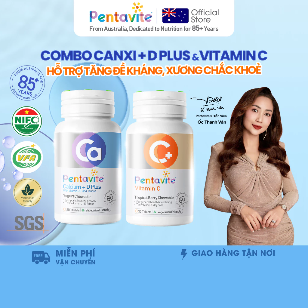 Pentavite Bộ 2 Chai Vitamin (Vitamin C + Calcium+D Plus) Viên Nhai 60 Viên, Bổ Sung Vitamin C và Vitamin D