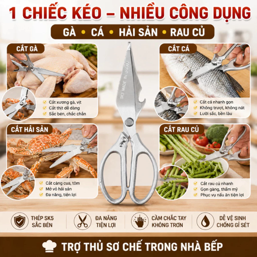 Kéo Cắt Đa Năng SK5 Cắt xương, gà, vịt, cá sắc bén, an toàn, bền chắc không han rỉ