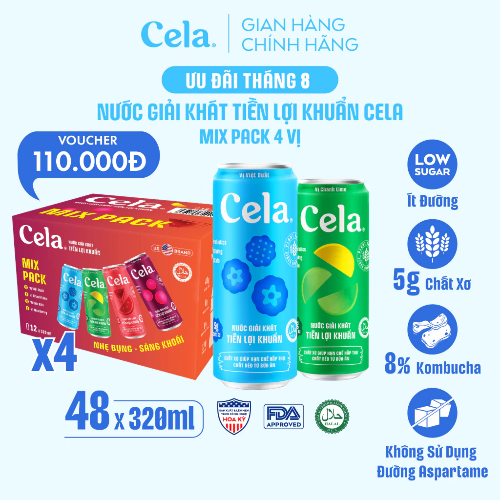 Combo 4 Thùng Nước Giải Khát Tiền Lợi Khuẩn Cela Mix 4 Vị (24 x 320ml) ÍT ĐƯỜNG, Bổ Sung KOMBUCHA Và CHẤT XƠ