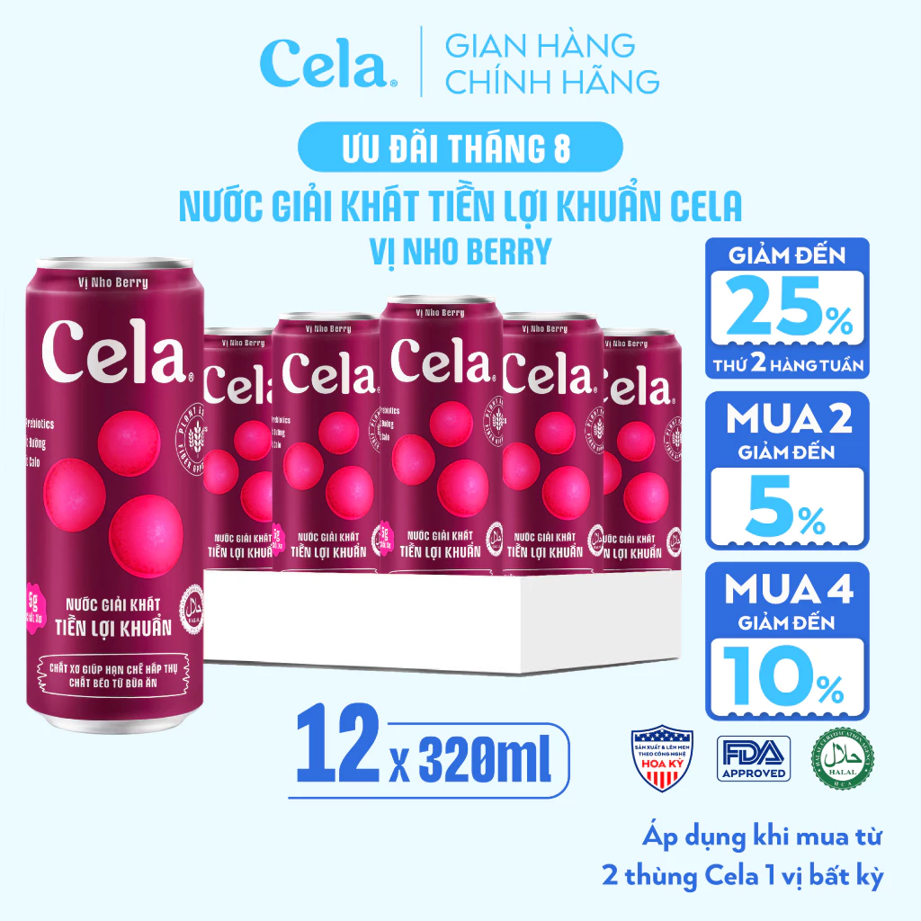 Thùng 12 Lon Nước Giải Khát Tiền Lợi Khuẩn Cela Nho Berry 320ml ÍT ĐƯỜNG Bổ Sung KOMBUCHA, CHẤT XƠ Giảm Hấp Thụ Chất Béo