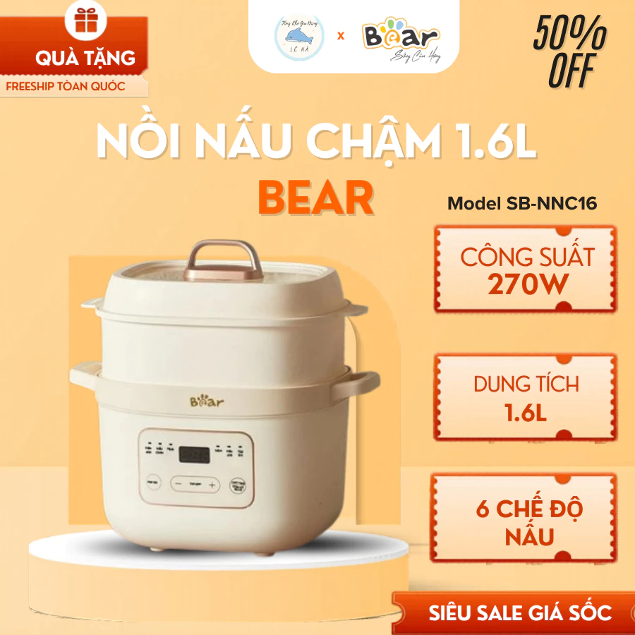 Nồi Nấu Chậm Bear SB-NNC16 1.6L Thố Sứ Cao Cấp, 7 Chức Năng Nấu Hẹn Giờ Giữ Ấm Tiện Lợi - Tổng Kho Gia Dụng Lê Hà