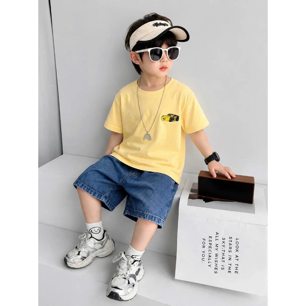 Bộ đồ bé trai, set đồ bé trai áo thun in hình ô tô phối quần jean lửng form rộng phong cách hiphop Streetwear 7-27kg