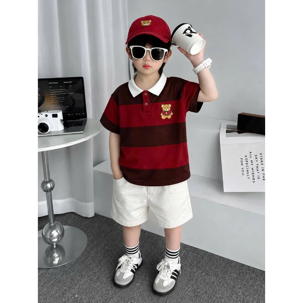 Bộ đồ bé trai TẶNG MŨ, set đồ bé trai áo polo kẻ sọc in hình gấu phối quần kaki mềm mại đứng form cho bé 7-27kg Tom Baby