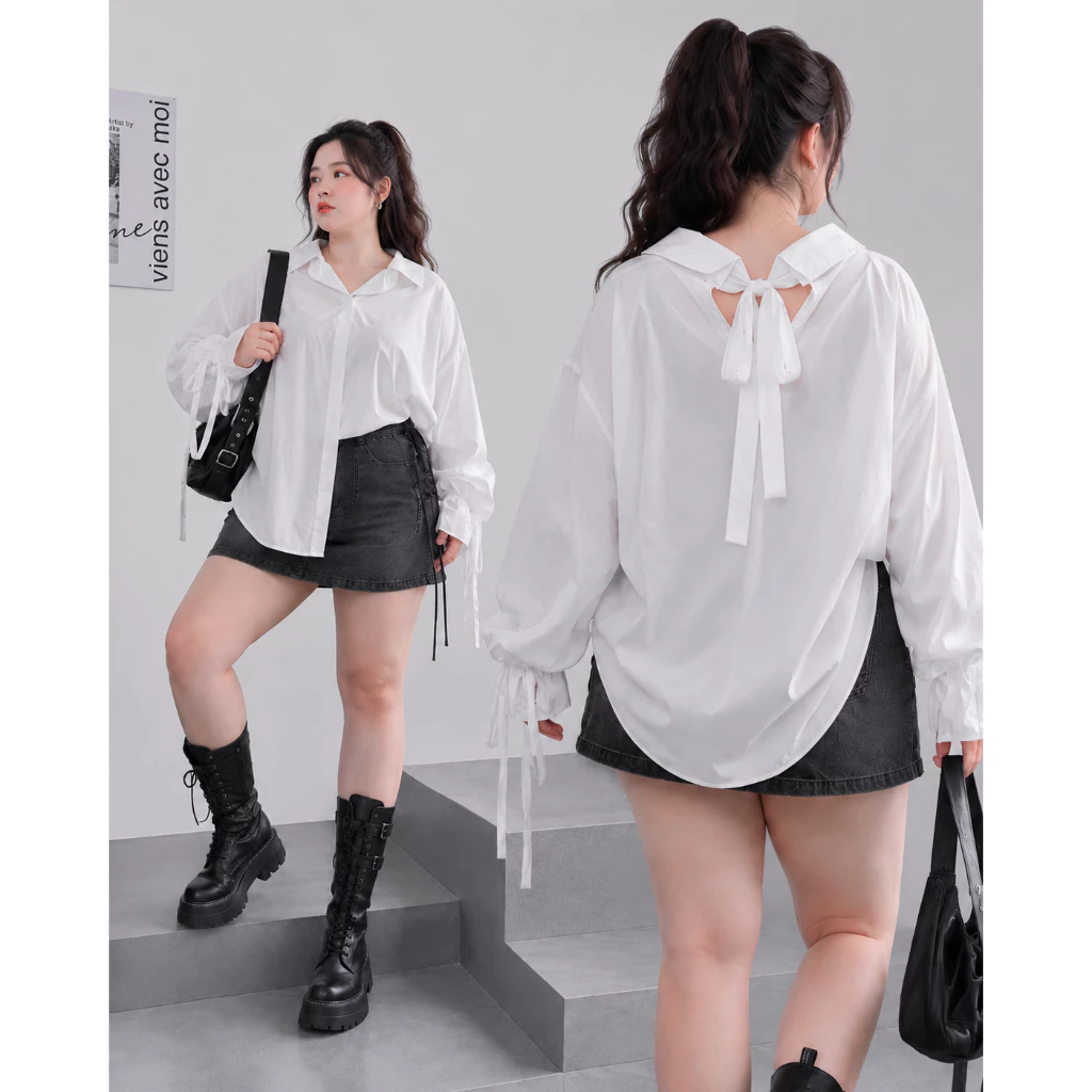 Áo Sơ Mi Cột Nơ Sau Bigsize Nhiều Màu Form Rộng Che Bụng Tôn Dáng Cho Người Mập 60-100kg
