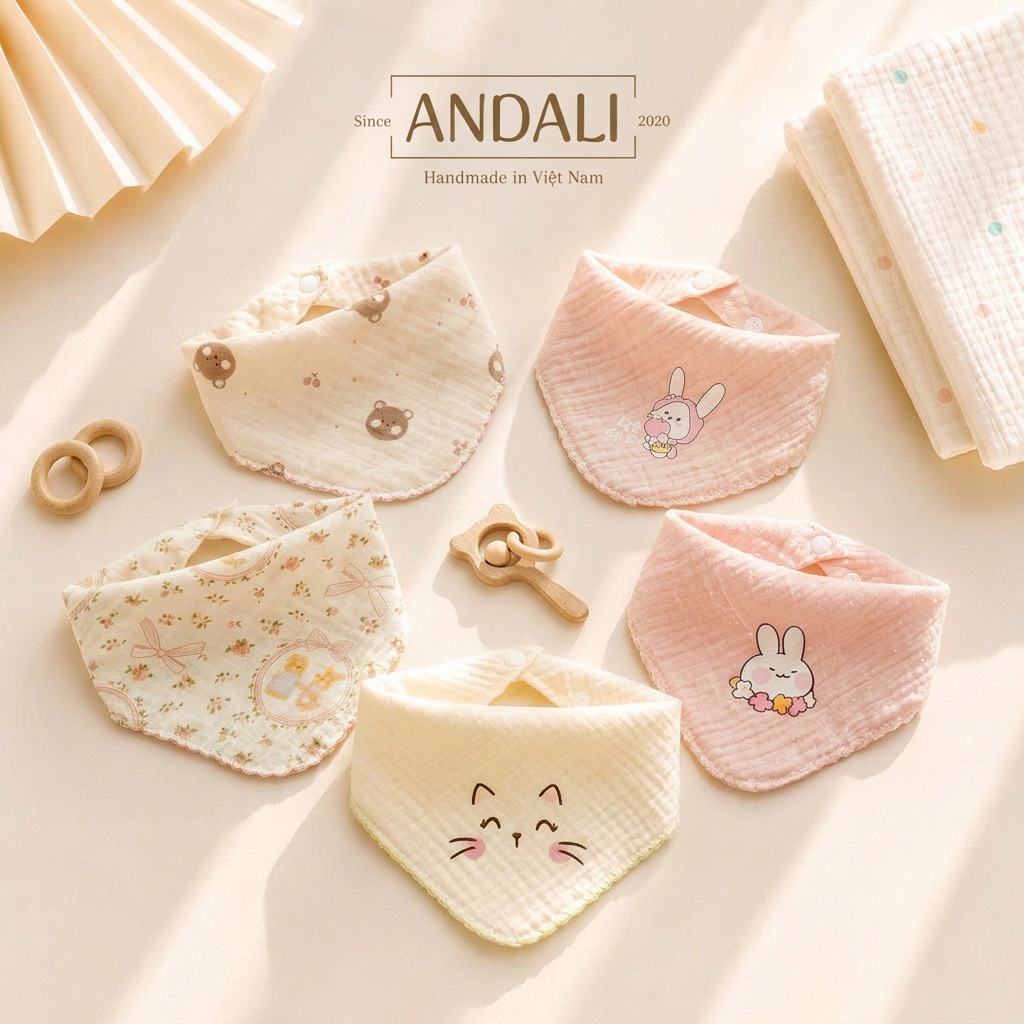 Set 5 Yếm Tam Giác Xô Muslin cao cấp 2 Lớp – Yếm Thấm Nước Cho Bé Sơ Sinh Đến…