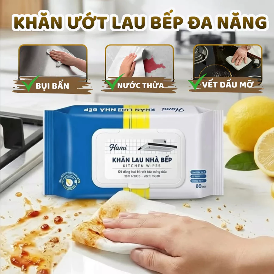 Khăn Ướt Lau Bếp 80 Tờ Gói – Hương Chanh Thơm Mát, Đa Năng Tiện Lợi, Làm Sạch Dầu Mỡ Nhanh Chóng