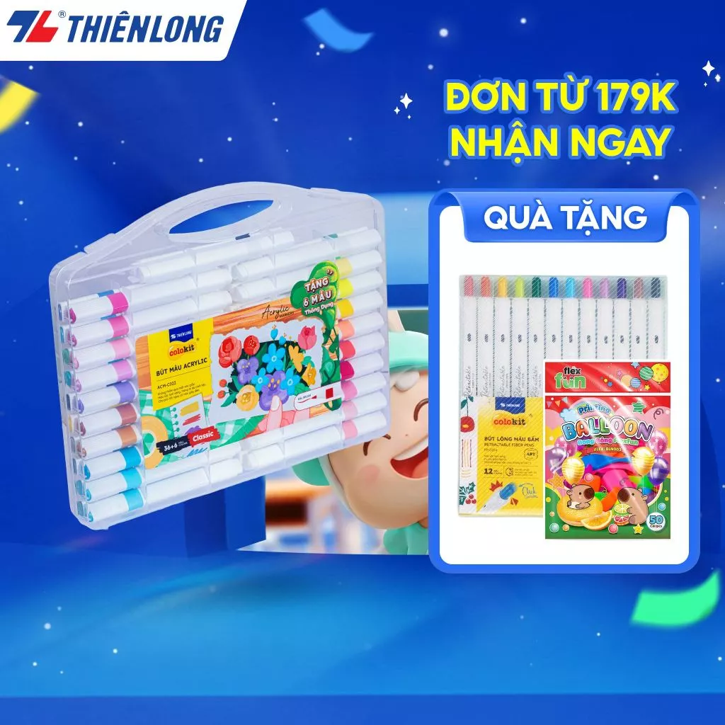 [Tặng 2/4/6 màu] Acrylic Markers 12/24/36 màu Thiên Long Colokit, bút màu lông không thấm, màu mịn cao cấp không độc hại