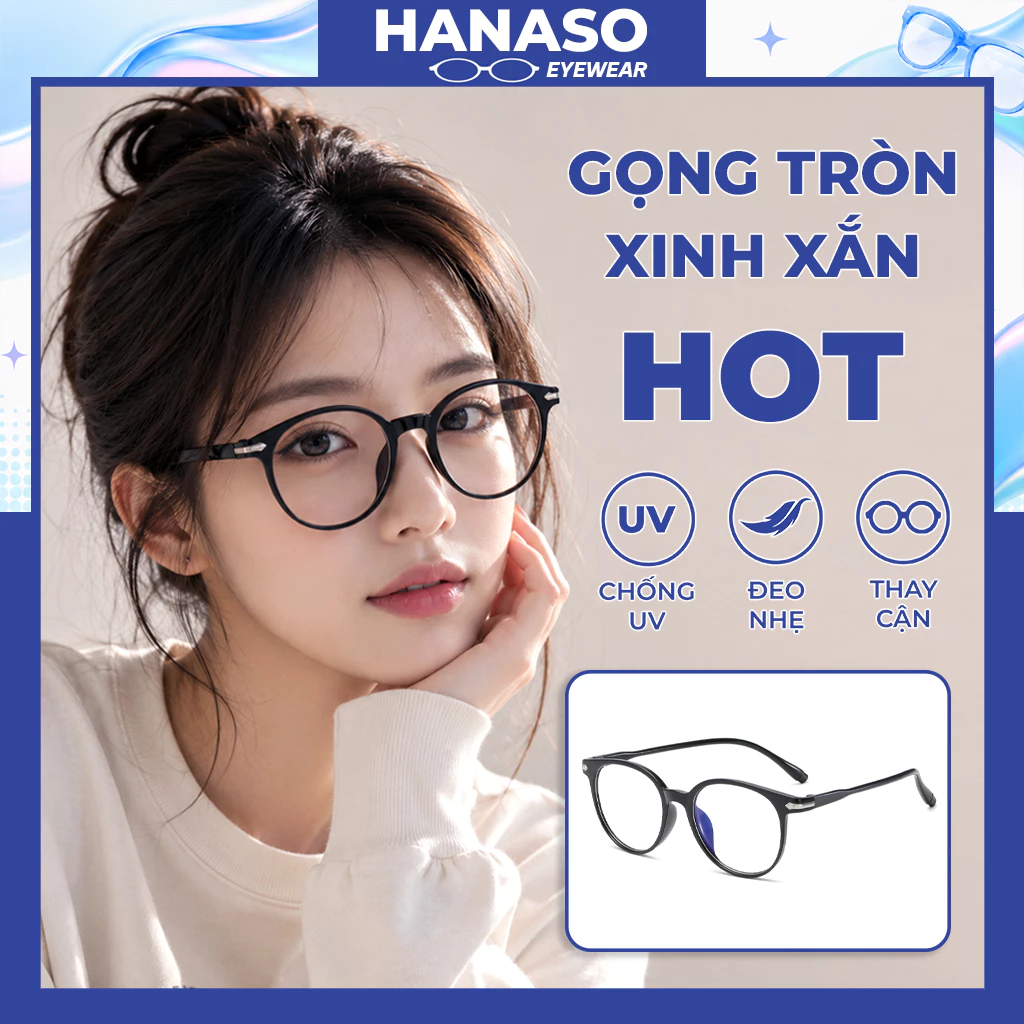 Kính mắt thời trang nam nữ mắt kính không độ giả cận gọng tròn chống tia UV phong cách Ulzzang bền đẹp giá rẻ HANASO 024