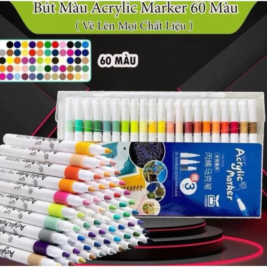 Bộ bút màu Acrylic Marker gồm 60 bút cao cấp tô vẽ được trên nhiều vật liệu