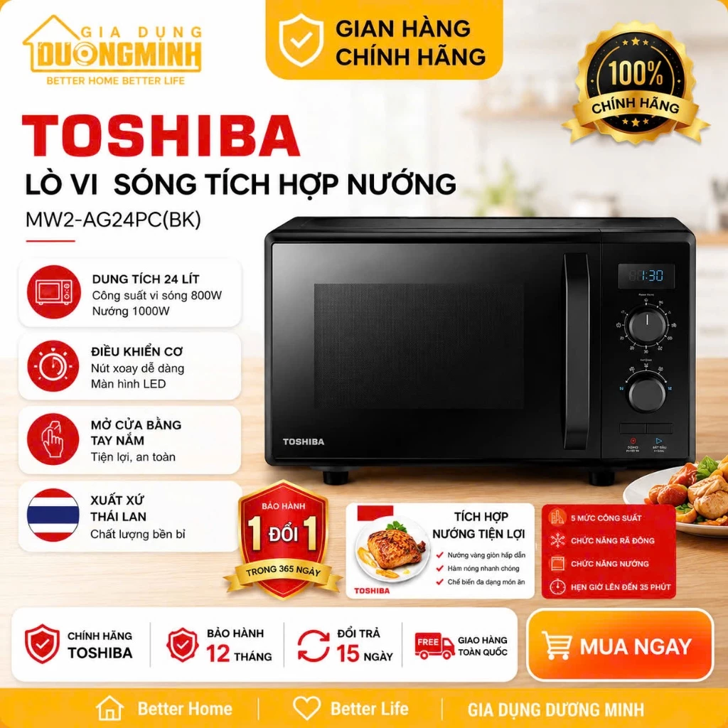 Lò Vi Sóng Toshiba 24 lít - Có  Nướng 1000W - MW2-AG24PC(BK) - Gia Dụng Dương Minh