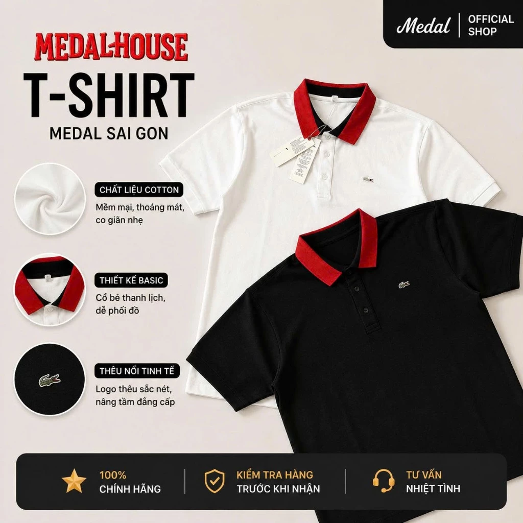 Áo Polo Nam Medal. Saigon Cổ Phối Đỏ Cao Cấp – Thun Cá Sấu Co Giãn, Form Slim Fit Thanh Lịch