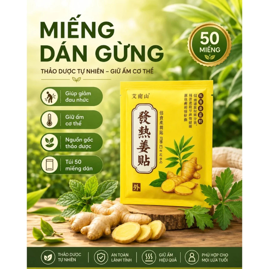 Túi 50 Miếng Dán Gừng Thảo Dược Hỗ Trợ Giảm Đau , Nhức Mỏi Xương Khớp Và Làm Ấm Cơ Thể