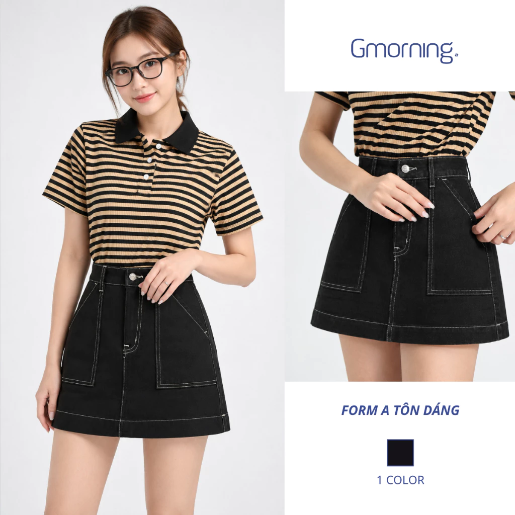 Chân Váy Denim Chữ A Gmorning YVG08144 Kèm Lót Quần An Toàn - Chân Váy Đen Phối Túi Xéo Sành Điệu