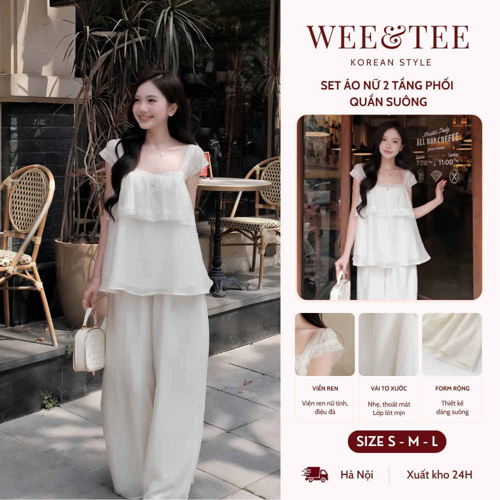 [SALE 9.9 GIẢM 40K] Set Bộ Áo 2 Tầng Phối Ren Kèm Quần Dài Dáng Suông Chất Tơ Xước Màu Trắng Tiểu Thư